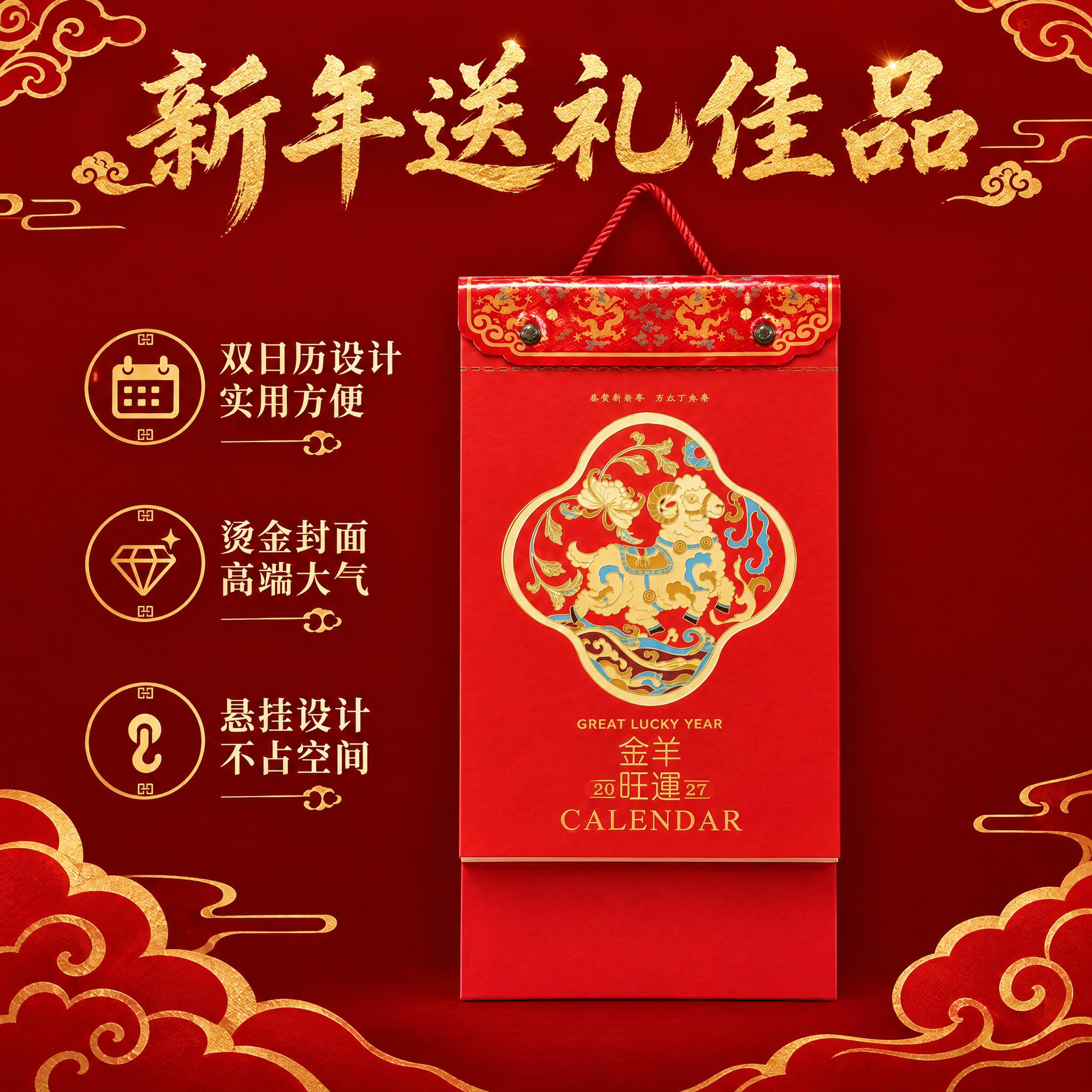 重新生成这张主图，挂历外观必须严格与参考图一致：红色封面，顶部… - 图片创意预览
