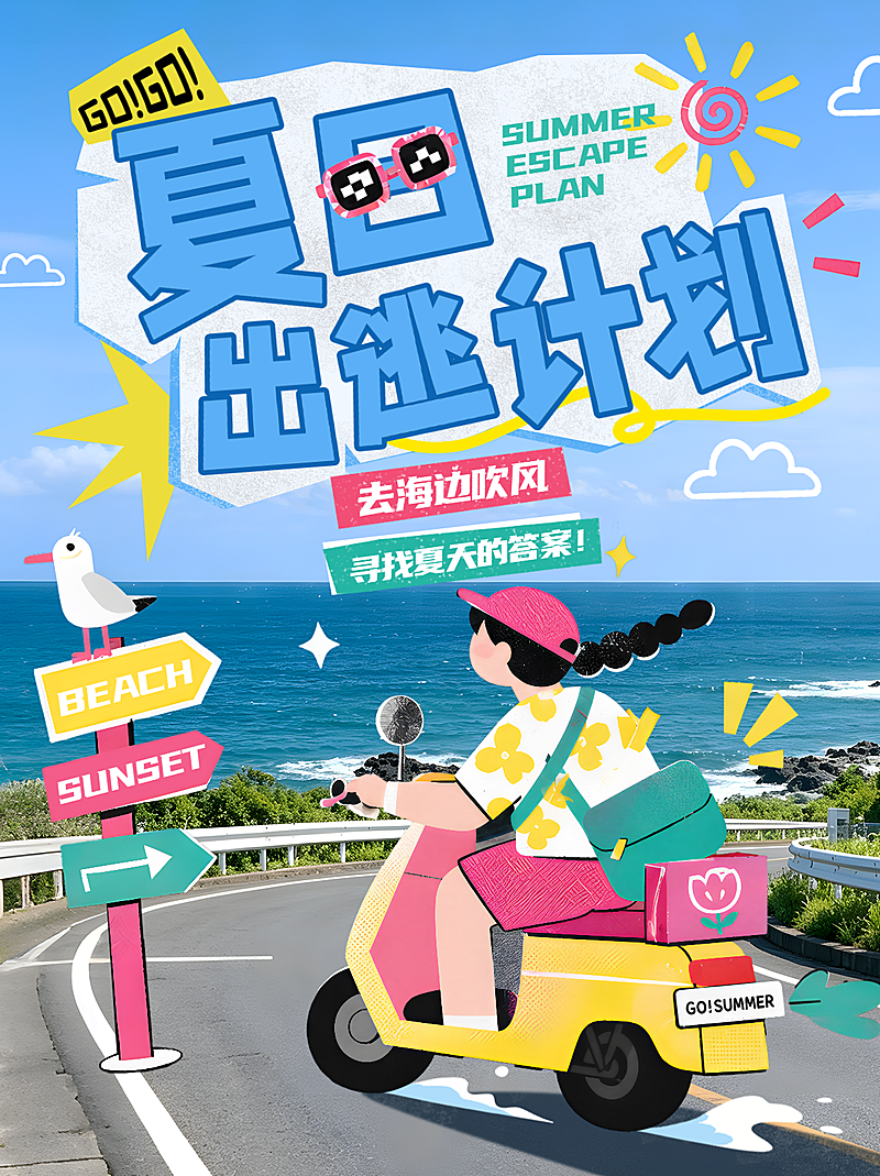 旅游夏日出逃计划旅游攻略分享可爱实景涂鸦风小红书封面