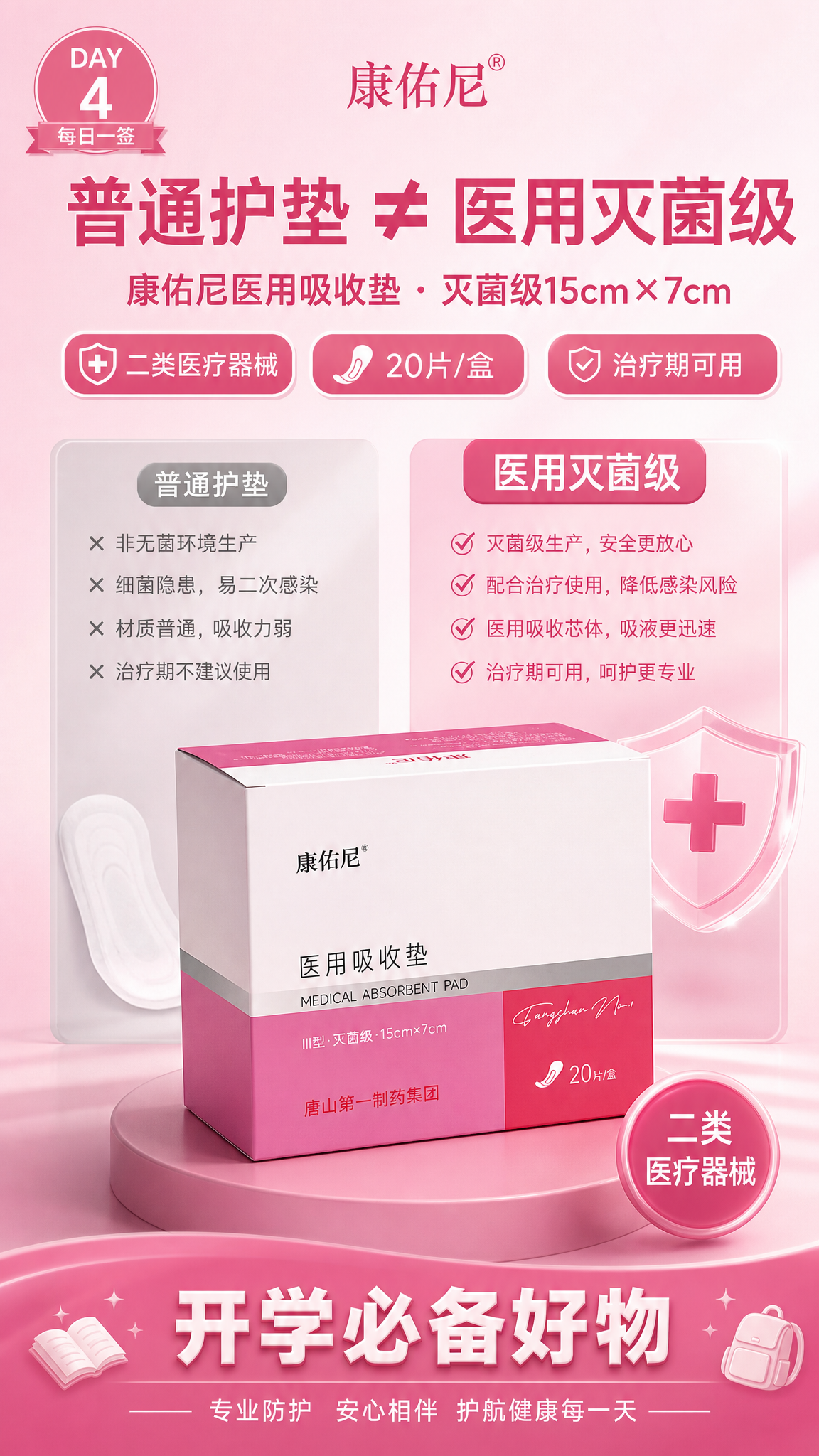 开学季每日一签系列海报第4张，康佑尼医用吸收垫产品海报，竖版9… - 图片创意预览