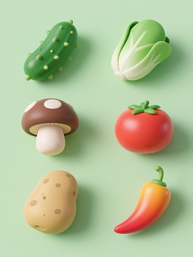 软3D风格蔬菜插画，六个不同蔬菜元素规整排列，每个元素具有统一的纯色背景和圆润3D造型。包含翠绿带刺的黄瓜、鲜嫩的小白菜、饱满的蘑菇、鲜红的西红柿、土黄色的土豆、色彩鲜艳的辣椒。整体色彩明快协调，保持一致的柔和光照和自然阴影效果，呈现出可爱的卡通质感。