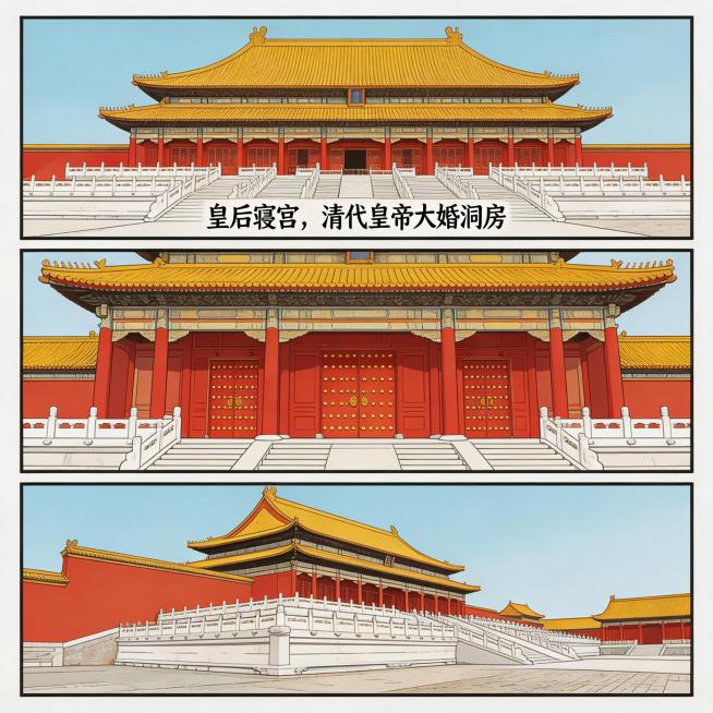 写实国风漫画后三宫实景格，呈现真实故宫坤宁宫，实景殿宇，文字标注“皇后寝宫，清代皇帝大婚洞房”，写实国风漫画风格，色调贴合朱红、明黄、汉白玉白，贴合故宫实景预览效果
