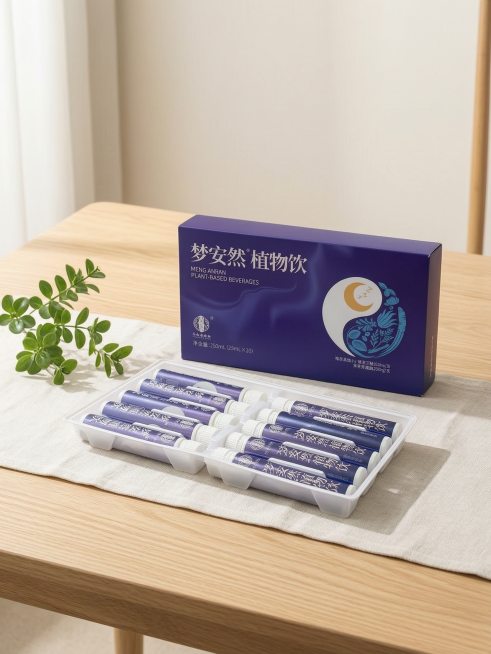 超写实电商产品摄影。
主体：梦安然植物饮品严格参照上传产品图，完整保留所有可见组件、轮廓、结构、比例、材质、颜色与产品本体上的文字信息（logo、型号、规格、参数等），与上传图完全一致，自然融入场景光预览效果