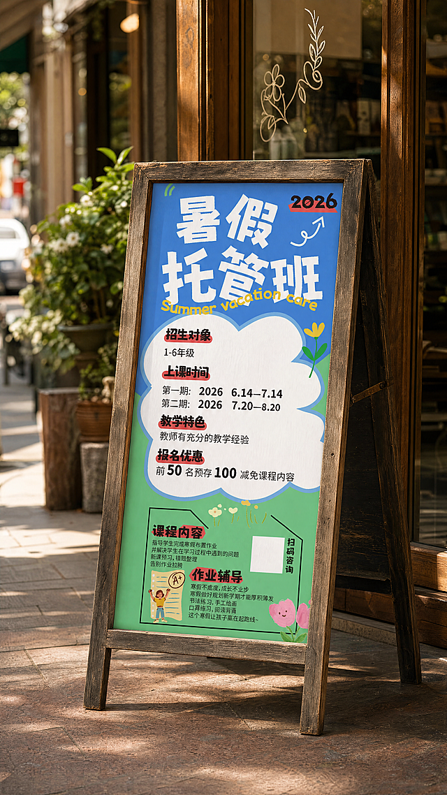 超写实照片，暑假托管班招生海报放置在街边玻璃门店前的复古木质立式海报架上，保持海报内容不变，暖调自然光，背景柔和虚化，浅景深，温馨治愈的街景氛围，做旧木质感，8K高清，细节丰富