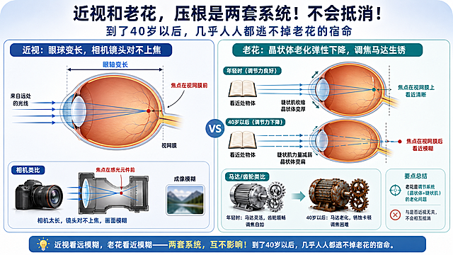 医疗科普插画，比例为16:9，主题是近视和老花眼的原理对比，左侧展示近视原理：眼球变长，标注文字'近视：眼球变长，相机镜头对不上焦'，右侧展示老花原理：晶状体老化弹性下降，标注文字'老花：晶状体老化弹性下降，调焦马达生锈'，配标题文字"近视和老花，压根是两套系统！不会抵消！到了40岁以后，几乎人人都逃不掉老花的宿命"，风格清晰易懂，适合科普，色调专业舒适