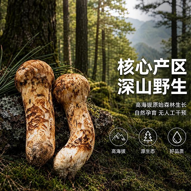 [主图-2] 野生松茸产地溯源与品质亮点 森林自然场景。
[氛围风格] 高级简约品牌化 产地溯源信任感 深山原始森林氛围 真实自然生鲜摄影。
[画质] 商业摄影质感 画面清晰通透 松茸细节真实 产地场景自然融合 超高清。
[元素] 画面左侧为2颗完整新鲜野生松茸特写 表面带自然泥土纹理和菌膜 菌柄粗壮 菌盖饱满 松茸旁摆放几片新鲜松针和一小块带苔藓的树皮 右侧和背景是虚化的原始森林环境 可见高大松树树干 地面绿色苔藓 远处山林有自然雾气 营造深山产地氛围。保持松茸外观与输入产品图一致 杜绝变形色差。商品主体占比约50% 产地场景占比约50% 画面满屏无边框。
[光影] 自然森林漫射光 顶部柔和天光透过树叶 松茸受光均匀 菌盖纹理清晰 底部有自然柔和阴影 整体绿色调中带暖光 通透有层次 真实自然光感。
[配色] 主色森林深绿+松茸棕褐 辅色米白+浅木色 自然大地色系。
[视角构图] 平视角度 松茸在左 产地场景在右 形成产品加溯源的视觉逻辑 景深较大 前后景都有细节。
[文字版式] 右侧中部右对齐排版 大字主标题"核心产区 深山野生" 白色粗体无衬线 最大号；下方两行小字说明"高海拔原始森林生长""自然孕育 无人工干预" 白色细体 字号约一半。底部有3个圆形图标横向排列 图标内分别是山形 松树 水滴 图标下对应文字"高海拔""原生态""好品质" 白色小字。
[输出要求] 1:1比例 800*800px 文字清晰锐利 超高清商业摄影质感。
[负向提示词] 变形 文字错乱 产品模糊 水印 电商平台Logo 塑料大棚 松茸变形 人物 动物。
