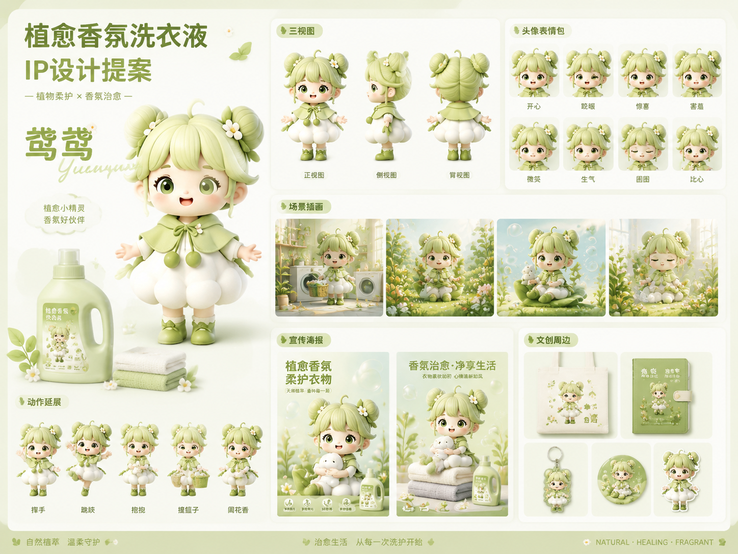 植愈香氛洗衣液IP设计提案展板，IP形象为鸢鸢，软萌治愈3D黏… - 图片创意预览