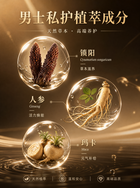 男士私护产品助勃膏成分海报，高端商务质感，暖棕浅咖色渐变背景，搭配柔和金色光影。画面展示 3 种植萃成分，分别是锁阳 Cynomorium songaricum、人参 Ginseng、玛卡 Maca，预览效果