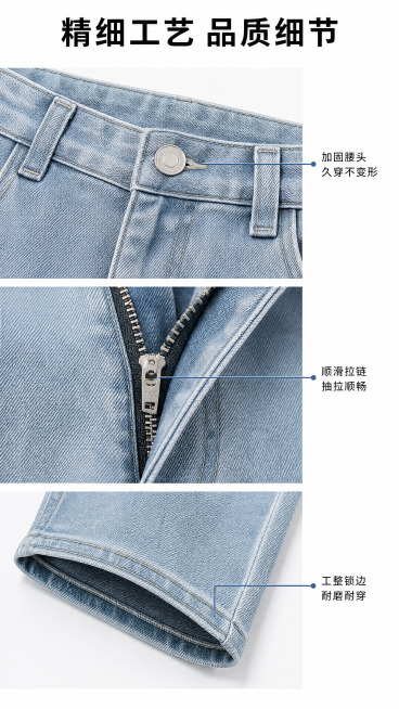 [第6屏] 工艺细节展示页，特写牛仔裤关键工艺部位。本屏使用【图1】牛仔裤，提取腰部、拉链、裤脚三个细节进行分屏展示。
[氛围/风格] 细节微距特写，浅白色背景，突出工艺质感，精致工业风。
[元素布局预览效果