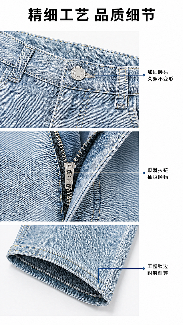 [第6屏] 工艺细节展示页，特写牛仔裤关键工艺部位。本屏使用【图1】牛仔裤，提取腰部、拉链、裤脚三个细节进行分屏展示。
[氛围/风格] 细节微距特写，浅白色背景，突出工艺质感，精致工业风。
[元素布局] 画面分为上中下三个区域，每个区域展示一个细节：上方展示腰部腰头与纽扣，中间展示拉链与门襟缝线，下方展示裤脚剪裁与锁边。每个细节都保留原图浅蓝色牛仔裤材质和颜色，放大清晰展示工艺，每个细节配引线标注说明。三个区域均匀分布，细节占比各占三分之一。
[光影质感] 每个细节区域都有均匀侧光，突出缝线走线和材质纹理，金属纽扣拉链有自然高光，细节清晰锐利。
[配色色系] 全局底色：#FFFFFF；牛仔裤细节：浅蓝色；金属件：银色；标注线：浅蓝色；文字：黑色。
[视角构图] 每个细节采用微距特写视角，平视清晰展示，分区均匀，排版工整。
[文字版式] 顶部主标题「精细工艺 品质细节」黑色加粗居中；每个细节旁用引线标注：「加固腰头 久穿不变形」「顺滑拉链 抽拉顺畅」「工整锁边 耐磨耐穿」，文字小巧清晰不遮挡细节。
[比例分辨率] 9:16竖版比例，4K分辨率，文字清晰可辨。
[负向提示词] 细节变形，颜色偏差，缝线模糊，标注线错位，文字遮挡，水印，背景杂乱。