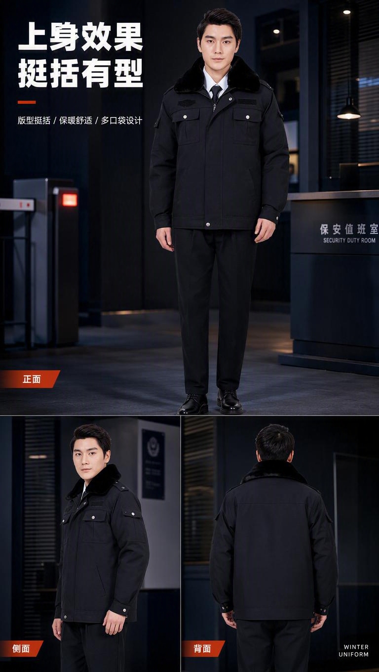 [商品] 使用【图2】黑色保安冬季棉服；商品处理：保留黑色大毛… - 图片创意预览
