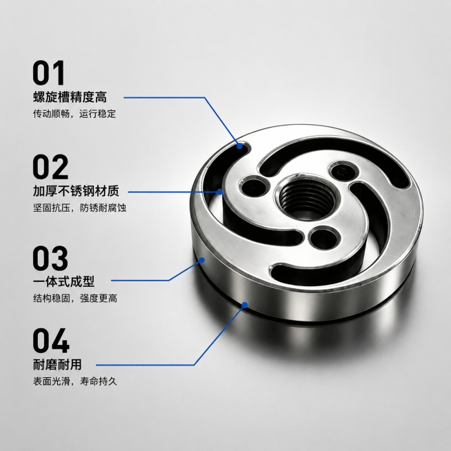 [主图-2] 螺旋升降盘核心卖点展示；氛围风格为专业清晰，突出产品结构优势；画质要求商业摄影质感、光线柔和通透、产品清晰真实、画面干净高级；产品主体偏右侧放置，保持产品外观（物理结构、材质质感、颜色）预览效果