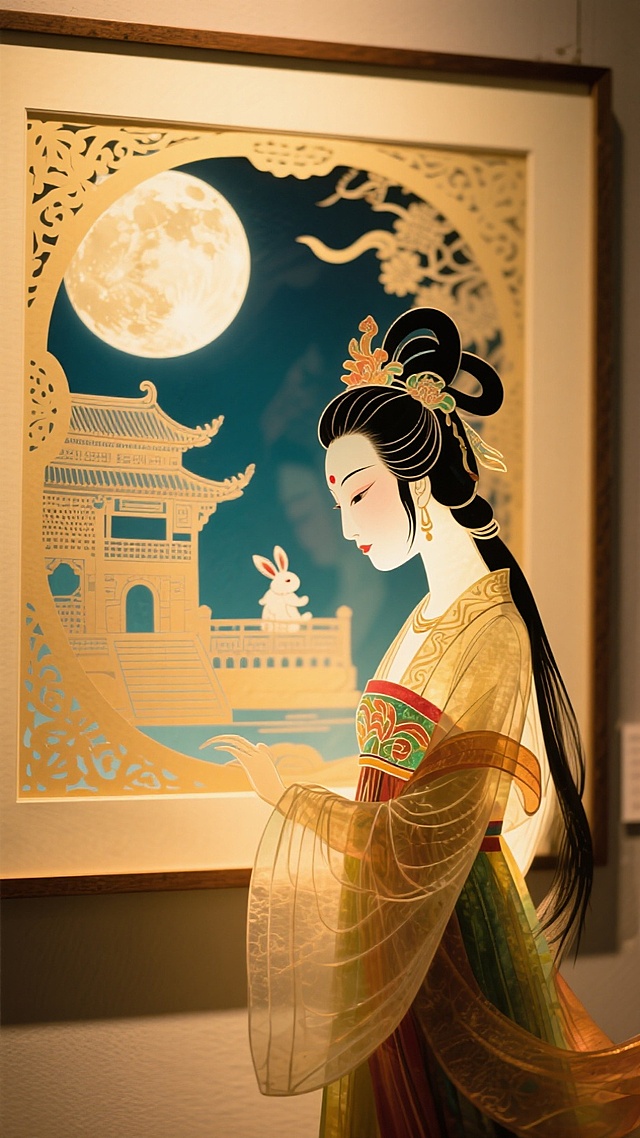 现代画展，嫦娥停留在一副画前停留（画上有一个大月亮，月亮里面一个宫殿和小兔子），画篇幅在嫦娥上半身，现代艺术氛围