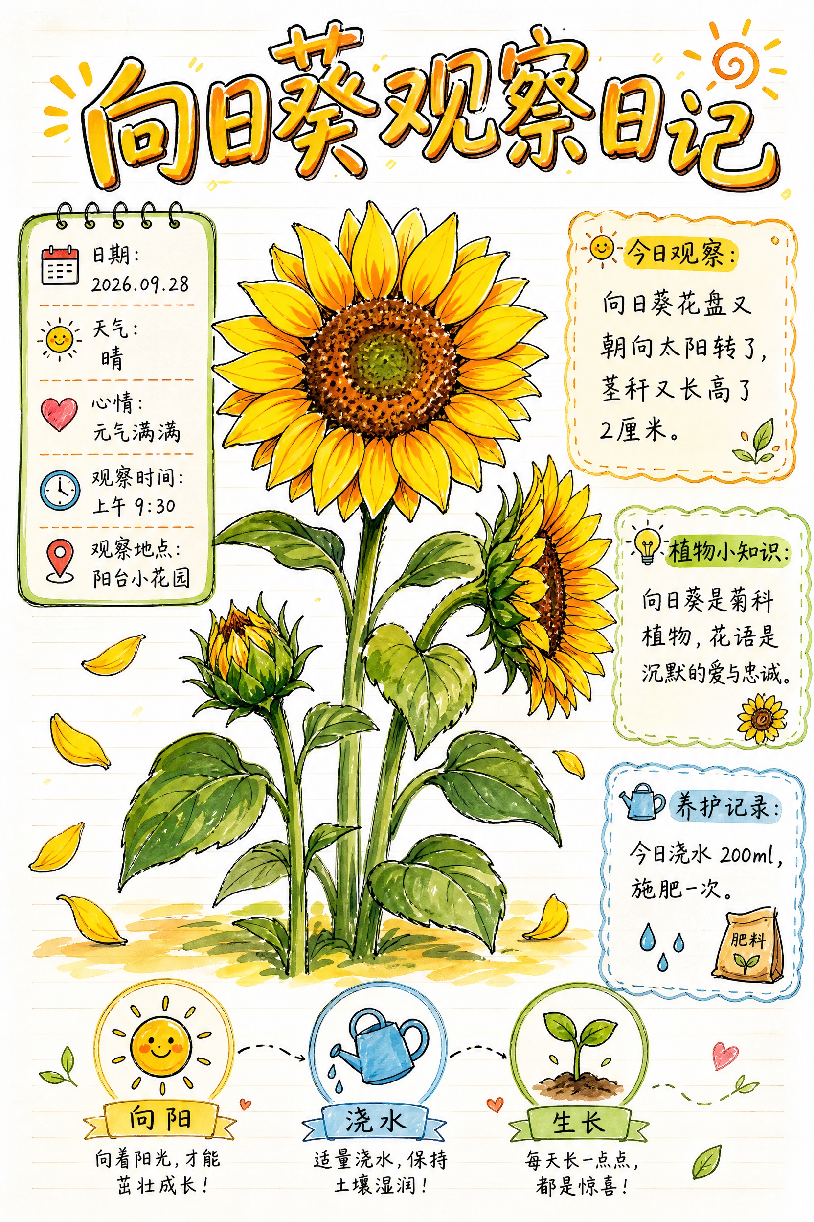 马克笔手绘风格的向日葵观察日记海报，纯白色背景，A4竖版构图。… - 图片创意预览