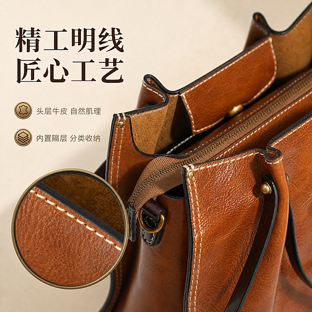 [主图-4] 明线托特包细节主图，展示内部结构与精工明线做工。
[统一基调] 淘宝/天猫女包主图，1:1比例，高级复古质感，暖调柔和侧光，背景为浅米色背景，突出材质与做工细节，与整套视觉统一。
[画面] 画面主体为焦糖棕色明线设计托特包，采用近景特写角度，包口敞开，重点展示包口的明线缝线工艺、铆钉固定细节、内部拉链隔层结构、包边黑色皮条工艺。包包占据画面70%，45°侧视角度，旁边放置一个放大镜效果的圆形细节窗，放大展示明线缝线针脚的均匀整齐和头层牛皮的自然肌理纹理，以及内部麂皮质感的内衬。背景为纯净浅米色，简洁干净。
[光影质感] 柔和侧光突出皮质纹理和缝线的立体感，明线在光线下呈现清晰的白色线条，牛皮肌理有自然光泽，整体为高品质细节摄影质感。
[配色] 焦糖棕包身+米白明线+古铜铆钉+黑色包边，背景浅米色，整体暖调高级。
[文字版式] 画面左侧放置文字，主标题「精工明线 匠心工艺」，深棕色粗体大字；下方两条卖点「头层牛皮 自然肌理」「内置隔层 分类收纳」，浅棕色细体，每条前加一个小圆形古铜色图标。文字放在左侧负空间。
[输出要求] 1:1正方形，2K分辨率，细节清晰锐利，缝线纹理真实，文字清晰；负向：变形、错字、模糊、线迹歪斜、皮质瑕疵、水印、平台Logo。