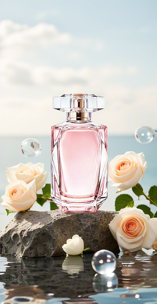 产品放在平面岩石上，占整体画面的1/9位置，玫瑰点缀画面，空气中飘着汽泡，旁边有一些花朵；尺寸4:3，清晰度24K；