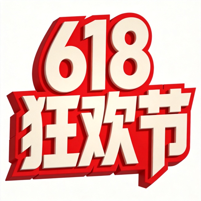 干净的纯白色背景。3D艺术字体设计，主体文字“618狂欢节”，字体为极粗厚黑体，笔画末端锐利斜切，文字整体向右倾斜富有动感，文字紧密咬合融为一个整体。色彩上文字主体填充为米白色，外描边为立体红色，整体预览效果