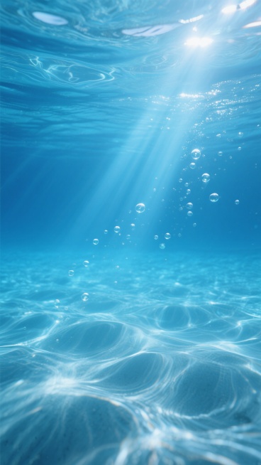 写实风格的水下摄影照片，清澈透明的蓝色水域，水面波光粼粼，阳光透过水面形成明亮的光束，照亮水中悬浮的细小气泡，底部呈现自然的水波纹光影效果，整体画面宁静、通透，充满梦幻般的光影氛围，色彩以深浅不同的蓝色为主调，光影对比柔和，细节清晰，具有真实水下环境的质感和视觉效果。预览效果