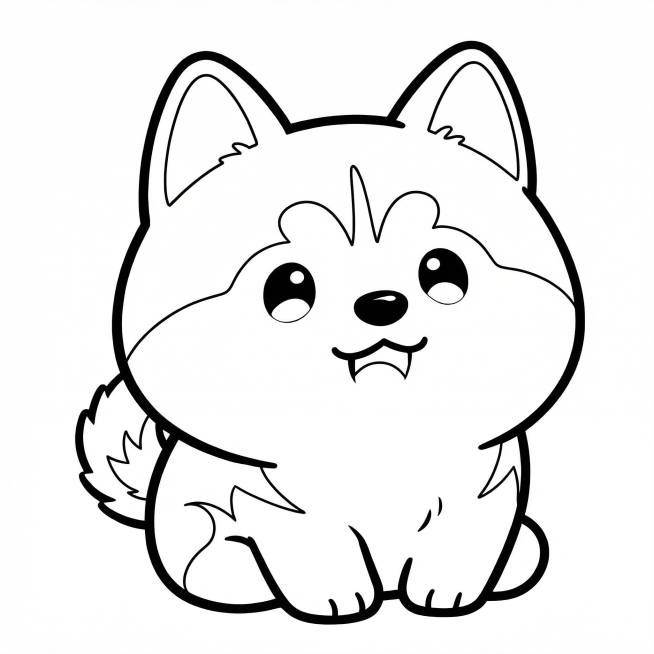 Q版哈士奇简笔画，线条简洁流畅，黑白线稿，仅勾勒轮廓，无色彩填充，风格简约可爱预览效果