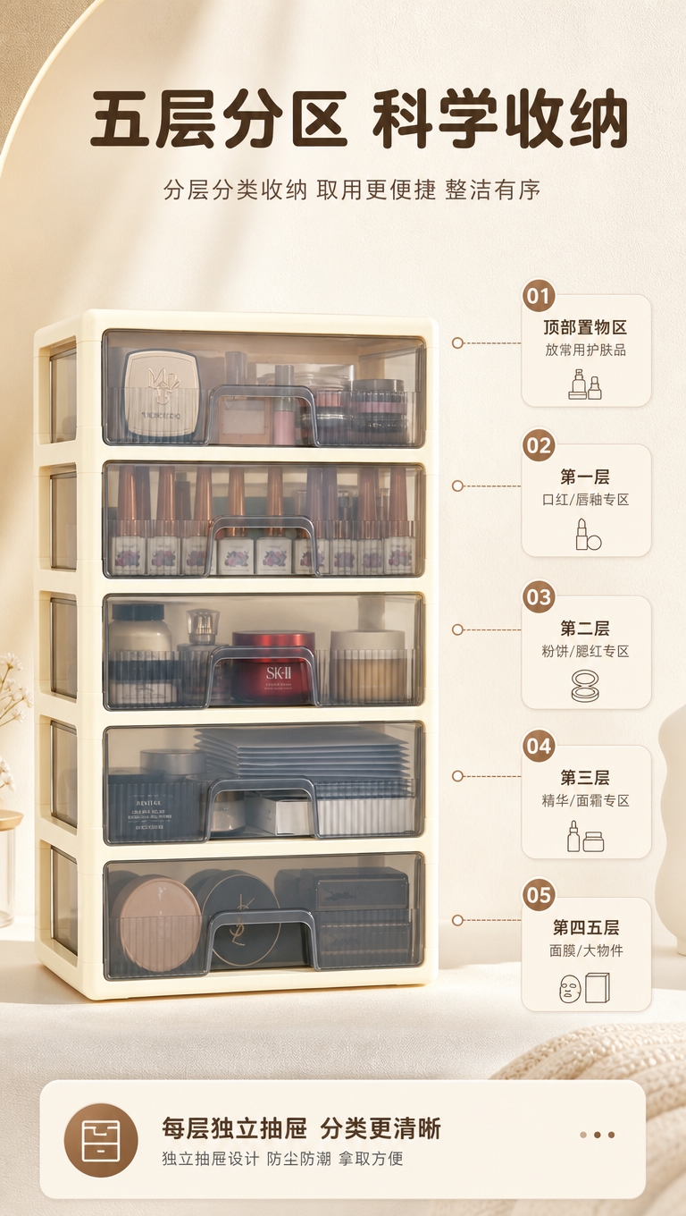 [商品] 使用【图1】奶油白五层抽屉式化妆品收纳柜；保留五层抽… - 图片创意预览