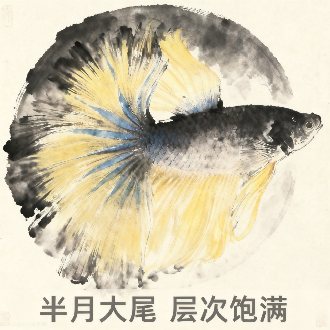 第二张主图重新生成：采用水墨鱼尾特写构图，斗鱼半月尾鳍铺满整个画面，展示尾鳍黄蓝黑渐变层次和飘逸纹理，背景为淡墨宣纸，保留原图色彩和纹理细节，文字标注 "半月大尾 层次饱满" 横向放在画面底部，深灰色预览效果