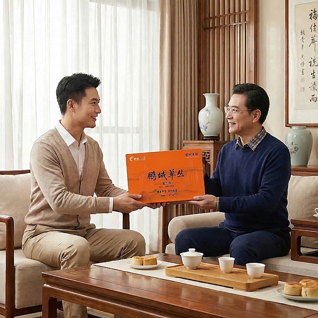 保持当前场景、人物构图不变，修正橙色礼盒上的文字，将文字更正为清晰的：鹏城单丛、蜜兰香、鹏城珍品 深圳味道，保持所有文字锐利清晰，不改变文字位置和颜色，保持整体光影氛围不变。