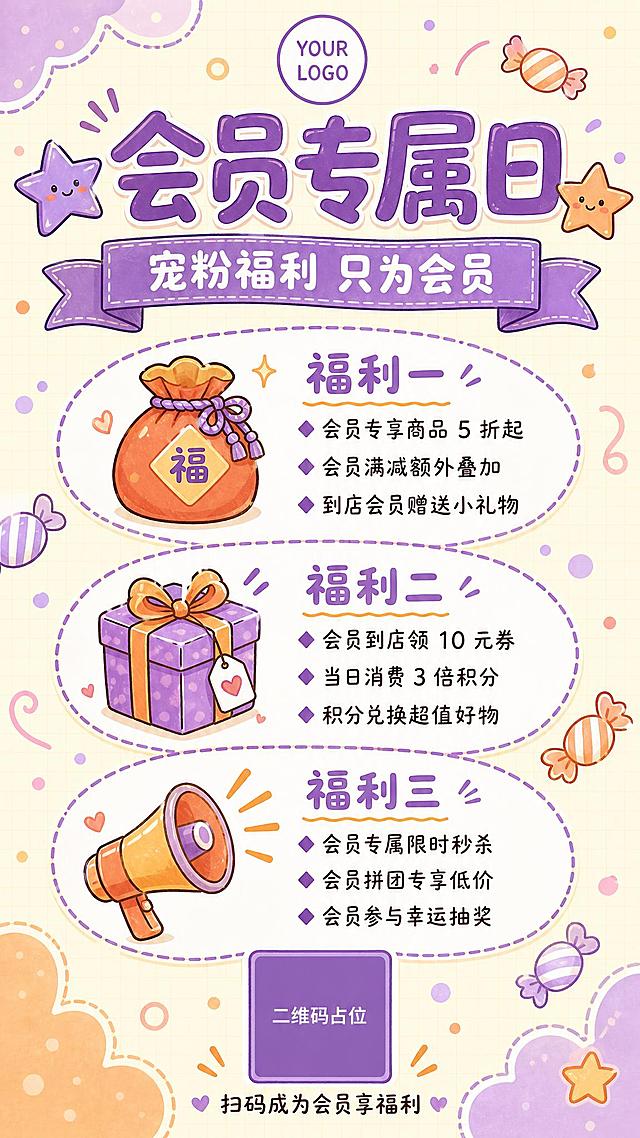 参考图中的手绘卡通海报版式结构，重新设计一张软萌手绘卡通会员促销海报。保留参考图的整体布局骨架（顶部logo+大标题+丝带副标题+三张福利卡片+底部二维码），但替换所有配色、装饰元素、图标和文案内容。

具体要求：
- 背景：浅奶黄色细网格背景（像方格笔记本），柔和低饱和
- 主色调：紫色 + 暖橙色，柔和低饱和亮色
- 风格：软萌手绘卡通，手绘描边，平面插画，柔和可爱

顶部居中一个圆形YOUR LOGO占位框，圆内标注"YOUR LOGO"文字。

大标题"会员专属日"，紫色圆润粗字体，字号最大，位于顶部居中；标题左右两侧各有手绘小星星装饰（紫色和橙色小星星）。

标题下方一条紫色丝带横幅，丝带内白色文字写副标题"宠粉福利 只为会员"。

主体区域3张椭圆形虚线卡片，垂直居中对齐（全部居中对齐，纵向排列），每张卡片为白色底+紫色虚线描边+椭圆形：
- 第一张椭圆卡片（福利一）：左侧配手绘福袋图标（暖橙色福袋，带紫色绳结），右侧文字区域，标题"福利一"紫色字体，下方三条项目符号列表："◆ 会员专享商品 5 折起"、"◆ 会员满减额外叠加"、"◆ 到店会员赠送小礼物"。
- 第二张椭圆卡片（福利二）：左侧配手绘礼物盒图标（紫色礼盒，带暖橙色蝴蝶结），右侧文字区域，标题"福利二"紫色字体，下方三条项目符号列表："◆ 会员到店领 10 元券"、"◆ 当日消费 3 倍积分"、"◆ 积分兑换超值好物"。
- 第三张椭圆卡片（福利三）：左侧配手绘喇叭图标（暖橙色手持喇叭，带声波），右侧文字区域，标题"福利三"紫色字体，下方三条项目符号列表："◆ 会员专属限时秒杀"、"◆ 会员拼团专享低价"、"◆ 会员参与幸运抽奖"。

底部居中一个正方形二维码占位框，方框内纯色填充并标注"二维码占位"文字；二维码下方小字"扫码成为会员享福利"。

画面装饰元素：手绘糖果（紫色和橙色糖果）、彩色小圆点、柔和不规则色块（淡紫色和淡橙色云朵状色块），整体软萌可爱，手绘描边，版式精美，所有文字清晰可读。

画面中所有二维码区域使用纯色方块占位符呈现，方块中央标注"二维码占位"文字，严禁生成任何可识别的二维码图案。

画面中所有信息区域、福利卡片、福利条目必须填充完整合理的内容，不得出现空白框、空白占位、横线待填写区域、空列表项、空单元格；确保是完整可用的成品海报而非待填写模板。

画面中所有数字必须精确渲染，不得错位、遗漏或编造。数字包括："5"、"10"、"3"。
