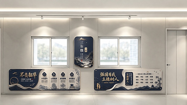 将图片1：https://gd-ai-fts.dancf.com/37278924444117043/presigned/d21a4976773e4cc7aca6d185cf8b1f2450442.jpeg放置到左侧下红框，图片2：https://gd-ai-fts.dancf.com/37278954347682963/presigned/e9964a6bda35421a95a6716e1d2e9d5950142.jpeg放置到右侧下红框，图片3：https://gd-ai-fts.dancf.com/37279348743197840/presigned/095af54dd7df41c5af436ccfa6aebfb751062.jpeg放置到中间上红框，融入到空白墙面场景中，保持藏青雅灰整体设计风格统一，适配室内灯光效果，尺寸匹配对应红框大小