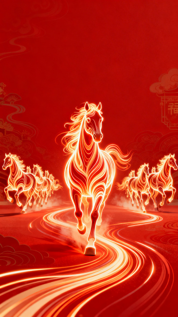 马年主题新年主画面，红色背景，中间有一匹领头的马。马的形态由流动的光线与抽象曲线构成，后面左右有一群马（形态也是由流动的光线与抽象曲线构成），气势壮观，不出现写实动物细节，整体画面强调速度、方向与力量预览效果