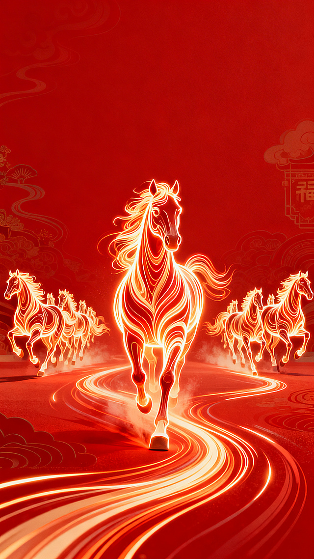 霓虹描边风骏马奔腾，鎏金光影交织，中式祥云与“福”字点缀，国潮梦幻感十足，喜庆氛围浓烈。