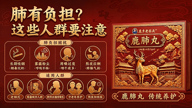 [商品] 使用【图1】鹿乡老张头鹿肺丸产品包装图；保留红金国潮风格、品牌Logo、产品名称与包装结构；产品处理：缩小置于画面右侧或角落作为产品露出，清晰可辨，不改变原貌。
[画面] 页面目标为痛点共鸣与适用人群说明，左文右图构图，左侧痛点人群信息区占60%，右侧产品占30%；背景为深红色渐变+淡金色祥云纹理，营造凝重关切氛围；用图标+文字分栏展示肺负担困扰与适用人群，信息密度高但层级清晰。
[视觉] 套系策略：风格=中式国潮鎏金浮雕商业摄影风；标题字=中式书法粗宋+金色描边；正文字=简洁宋体；主色=中国红+鎏金；背景延展=基于中国红做深浅渐变、祥云纹理、暗纹层次；强调色=暖金，用于标题、图标、引线、装饰；标题色=鎏金渐变；正文色=米白；组件=金色细线分割、圆形痛点图标、人群标签胶囊；光影=均匀柔光，信息区清晰可读。
[文字] 左上主标题"肺有负担？这些人群要注意"，金色大字；痛点区4项：长期吸烟·烟毒沉积、雾霾粉尘·呼吸不畅、用嗓过度·咽干痰多、熬夜应酬·肺燥气弱；适用人群区：老烟民、雾霾城市人群、教师主播用嗓多、中老年养护、熬夜加班族；右侧产品旁标注"鹿肺丸 传统养护"；所有文字横排，字号保证手机端可读。
[规格] 图片比例16:9横版，4K分辨率，负向提示：避免医疗诊断表述、极限词、错字、文字过小、冷色调、产品变形。