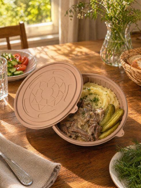Round beige bamboo fiber container with lid, family home dinner scene, placed on a wooden dining tab预览效果