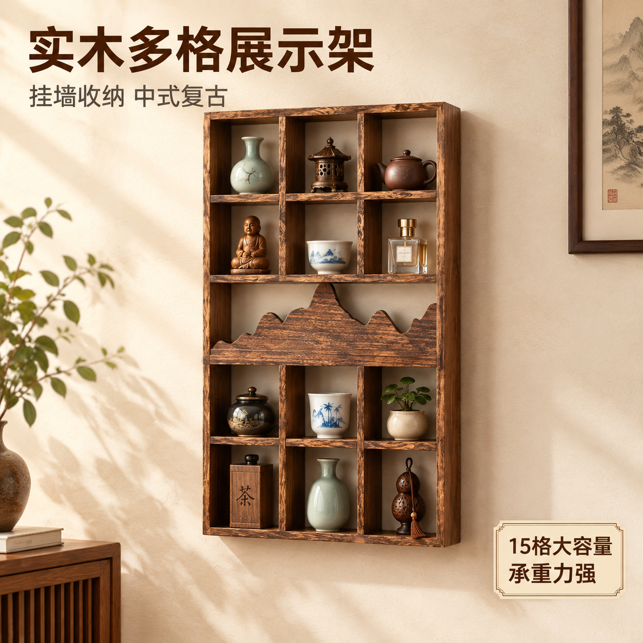 [主图-1] 实木挂墙多格展示架产品首图，突出中式复古质感与多… - 图片创意预览