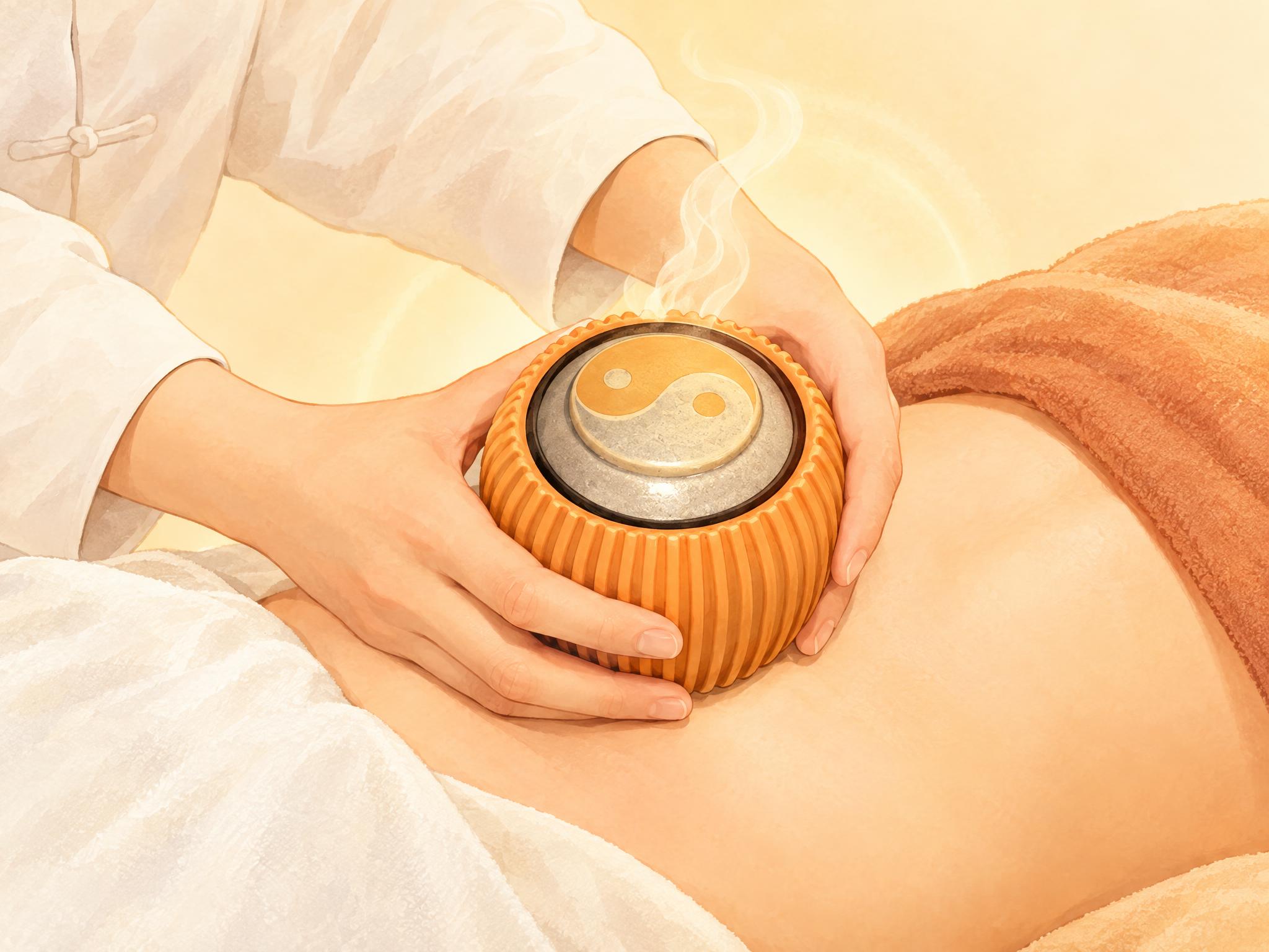 暖光疗愈插画风，中医科普宣传壁画风格。画面为腹部艾灸理疗场景，… - 图片创意预览
