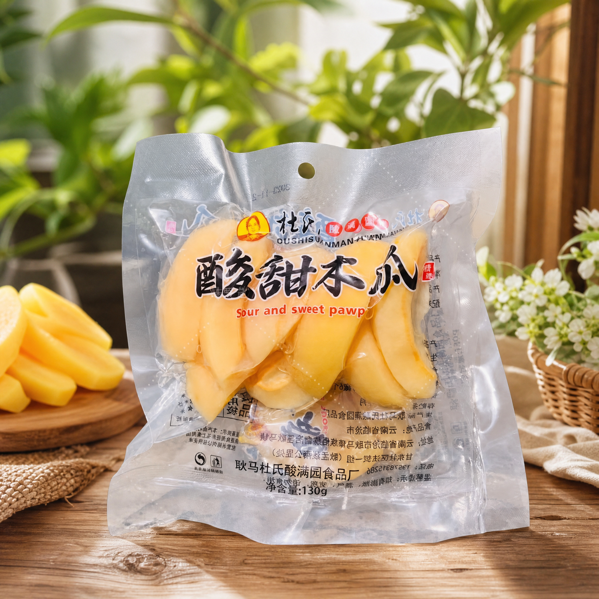 基于图中的酸甜木瓜零食包装袋，生成1袋产品的电商场景图，背景替… - 图片创意预览