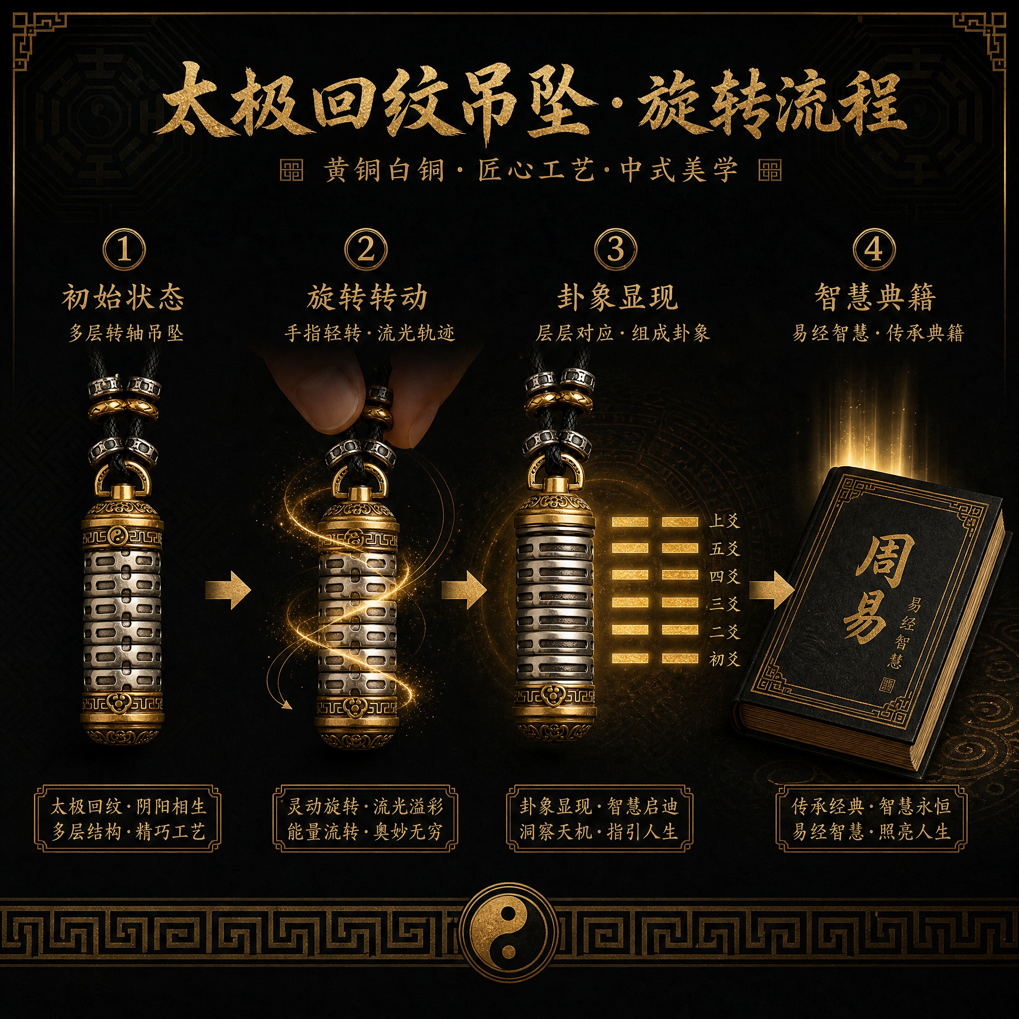 高级黑金中式风格八卦吊坠旋转流程图，正方形1比1构图，奢华东方… - 图片创意预览