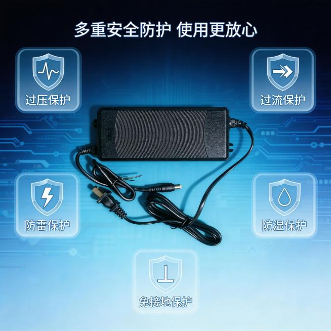 [主图] 冠宇达电源适配器 产品核心卖点展示
专业科技风，干净简约背景，产品放在画面中央，四周用五个圆角小图框分别展示过压保护 过流保护 防雷保护 防湿保护 免接地保护五种防护功能，每个小图框内搭配对预览效果