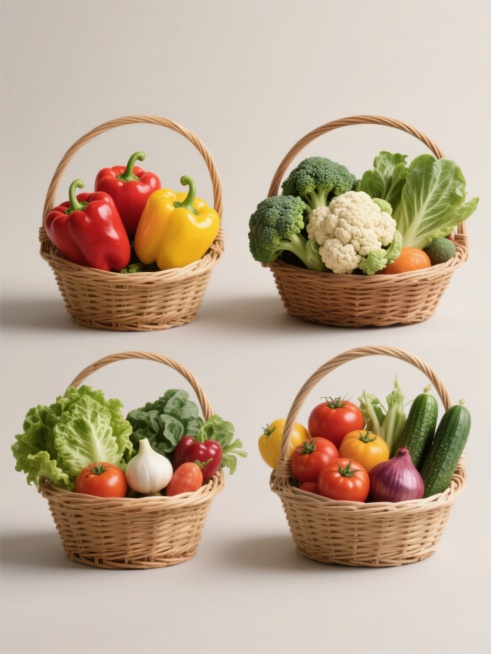 写实风格蔬果篮集合，四个不同种类的果蔬篮整齐排列在纯色背景上，每个篮子都装满了新鲜饱满的蔬菜水果，包含红辣椒、黄彩椒、西兰花、花椰菜、生菜、黄瓜、西红柿、洋葱等元素，保持高分辨率摄影质感，光影自然柔和，色彩鲜艳明快，构图均衡对称，整体视觉层次分明，蔬果纹理细节清晰，呈现出有机健康的生活气息。预览效果