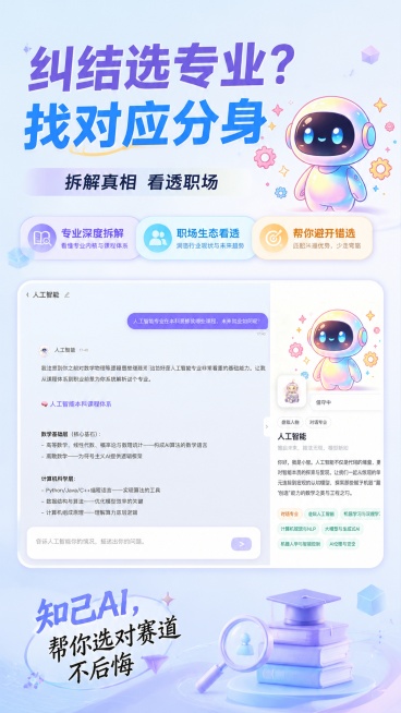 现代清新科技风教育产品海报，马卡龙浅色系，活泼清新，主标题"纠结选专业？找对应分身"，副标题"拆解真相 看透职场"，下方展示人工智能专业分身对话界面截图，保留所有文字内容，保证文字清晰，卖点标签"专业预览效果