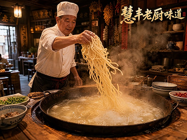 古色古香的木质桌子，桌子中间有一口正在沸腾的铁锅，锅里冒着热气和翻滚的汤水，一位穿着传统厨师服的师傅正用手抓起一把手擀面往沸腾的锅里扔，动作自然有动感，画面充满烟火气和传统中式厨房的氛围，右上角位置写有书法风格的文字"慧丰老厨味道"，整体色调温暖，写实风格，细节丰富