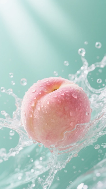 晶莹饱满的水蜜桃悬浮于动态水花之中，水珠飞溅形成透明气泡与水花纹理，桃子表面覆盖细密水珠折射光芒，整体画面采用清新的粉绿色调，水蜜桃主体保持粉嫩色泽，背景水花呈现渐变的薄荷绿与淡青色，光线从上方洒落形成明亮高光与柔和阴影，营造出清凉通透的夏日氛围，细节清晰的超写实摄影风格，画面充满水润光泽与动感活力。预览效果