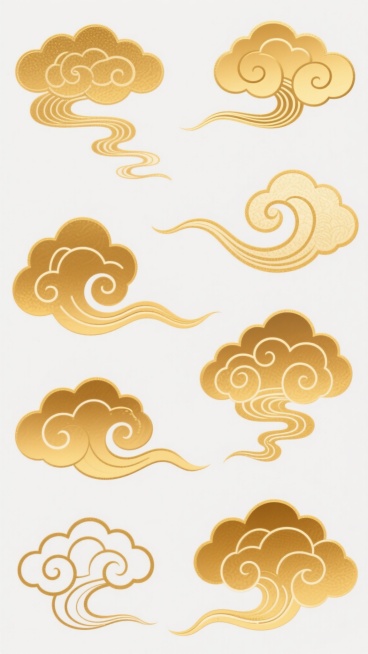 一组中国传统祥云图案，包含多种形态的金色云纹，有卷曲的、飘逸的、层叠的。线条流畅优美，采用描金和渐变金色两种表现形式，描金线条精细勾勒轮廓，渐变金色则展现出立体感和光泽感。图案整体风格古典雅致，具有浓厚的东方韵味，适合用于传统节日装饰、文化主题设计等场景。所有祥云图案均以白色为背景，突出金色云纹的视觉效果，布局疏密有致，形态各异又和谐统一。预览效果