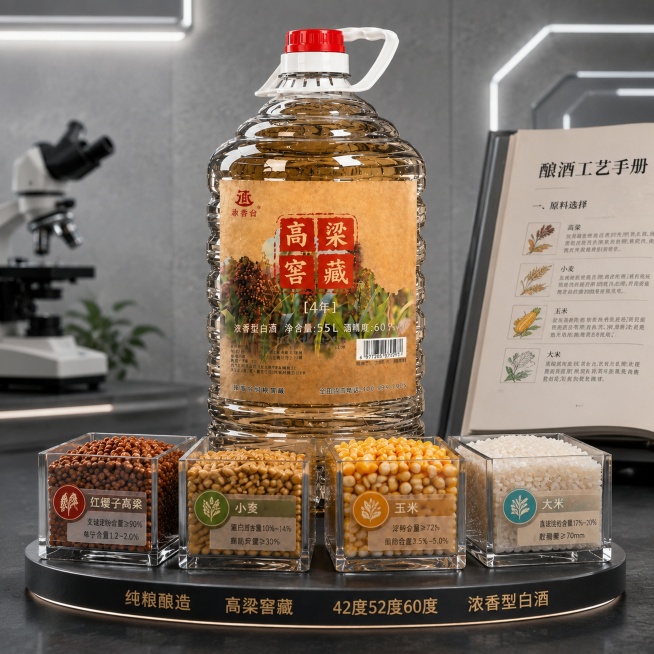 商业级产品摄影。主体：桶装白酒严格参照上传产品图，完整保留结构与文字信息。产品占画面65%，近景构图，视觉焦点。本次以‘成分透明化’为核心：将高粱、小麦、玉米、大米四种原料以立体浮雕标签形式环绕产品底预览效果