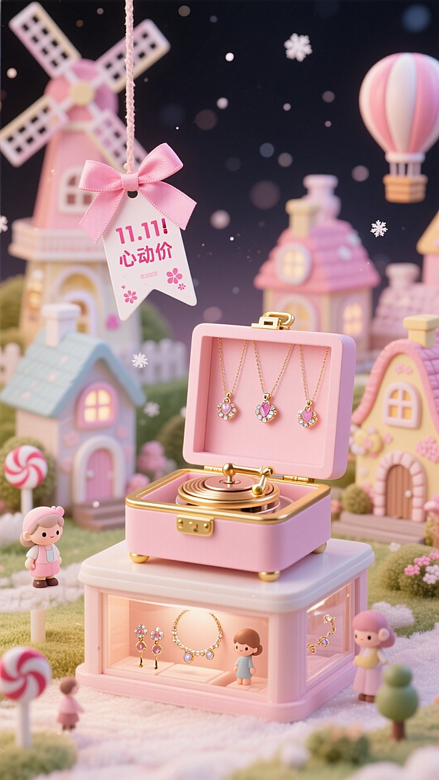 梦幻甜美元素融合3D微缩艺术，软塑料质感的粉色音乐盒与卡通小人构建童话世界，搭配11.11心动价标签，营造可爱浪漫节日氛围。