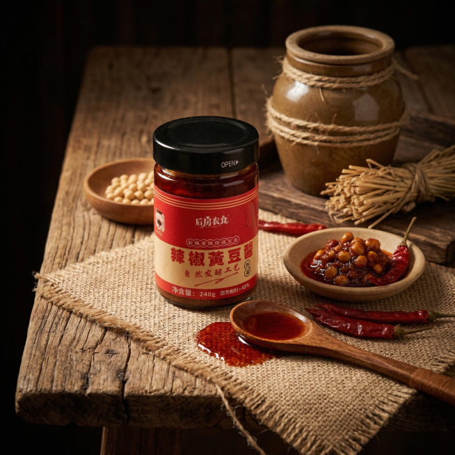 辣椒黄豆酱产品放在老榆木旧桌上，搭配粗麻布、木纹做旧道具，旁边摆放木勺、干辣椒、陶碟、草绳、陶缸和草，暗调暖光，突出酱料红油，整体氛围复古质朴，体现农家手工老味道预览效果