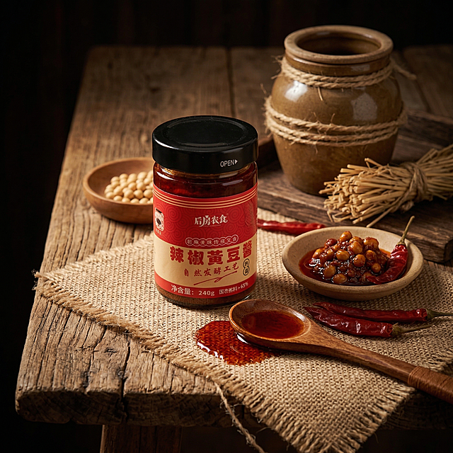 辣椒黄豆酱产品放在老榆木旧桌上，搭配粗麻布、木纹做旧道具，旁边摆放木勺、干辣椒、陶碟、草绳、陶缸和草，暗调暖光，突出酱料红油，整体氛围复古质朴，体现农家手工老味道