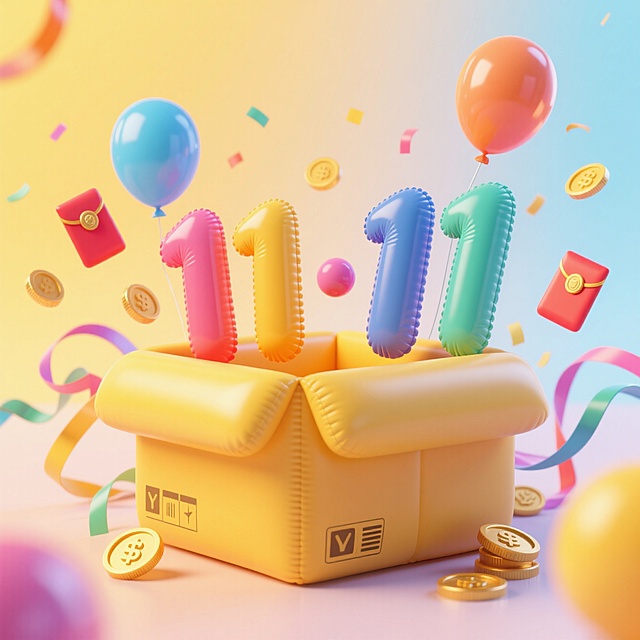 一个可爱的黄色快递箱，箱内弹出彩色立体数字 “11·11”。周围环绕红包、气球、金币、流动的彩色丝带等元素，背景为明亮的渐变光效