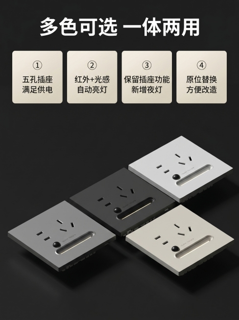 [主图 2] 五孔插座感应灯核心功能卖点展示。[氛围风格] 现代简约科技风，干净高级质感。[画质] 商业摄影质感、光线柔和通透、产品清晰真实、画面干净高级。[元素] 四款不同颜色（白色、灰色、黑色、米预览效果