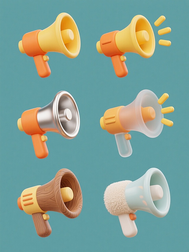 六个不同材质的卡通风格扩音器图标规整排布于纯色背景上，每个扩音器保持相同的喇叭造型、橙色手柄、黄色喇叭口及右侧三条黄色声波装饰，分别呈现哑光塑料、金属光泽、木纹纹理、磨砂玻璃、毛绒质感和陶瓷釉面的材质特性，整体画面色彩明快活泼，单个图标简洁可爱，系列素材集合视觉统一且富有材质变化对比。