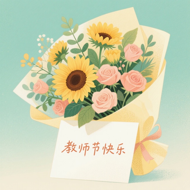 被淡黄色的纸包裹着的一大束包装好的花（向日葵、叶子、肉色玫瑰），前景有一张贺卡，上面写着“教师节快乐”，略微有些遮挡住花束。两者都完整出现在画面里的。背景是渐变的淡绿色。预览效果