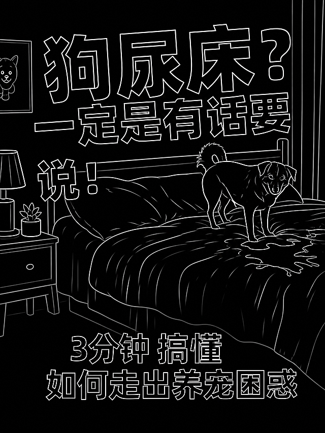 去掉画面中前景的小狗，保留背景中狗在床上尿尿的黑白线稿场景；保留所有文字内容和排版位置，文字保持白色线条风格；整体维持黑白线描插画风格，黑色背景白色线条，线条清晰流畅